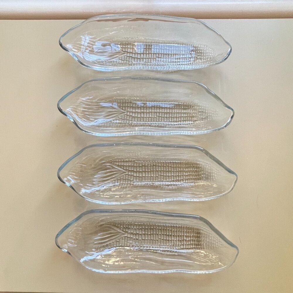 Corn on the Cob Dishes Holders Set of 4 Clear Glass Serving Vintage
